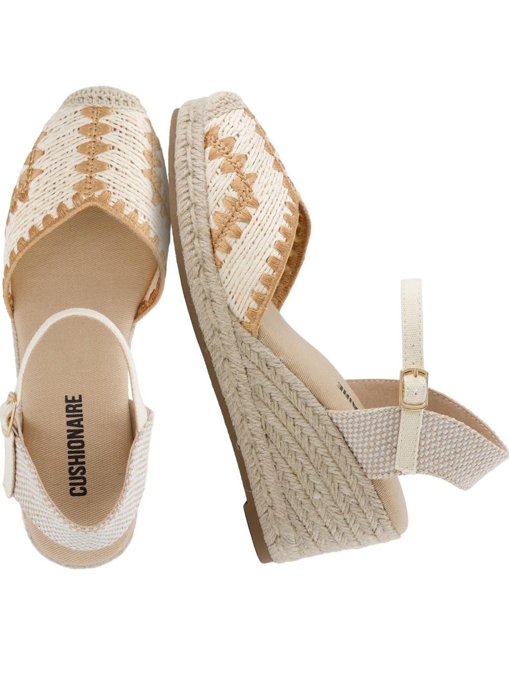 Cushionaire Cream & Tan Woven Espadrille Wedge Sandals